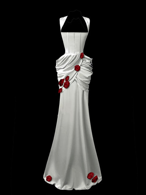 White Satin Mermaid Gown - Red Floral Evening Gown - White Dress for Evening Plus Size